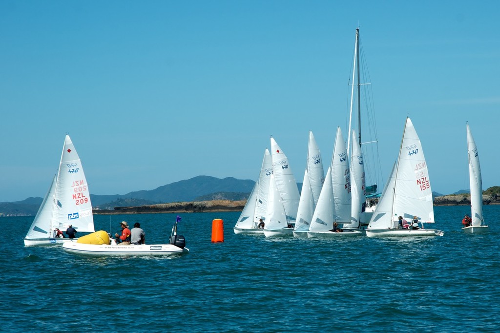 Gareth Moore and Vicky Francis port tack the fleet. - NZ 470 Nationals &copy; Christine Hansen